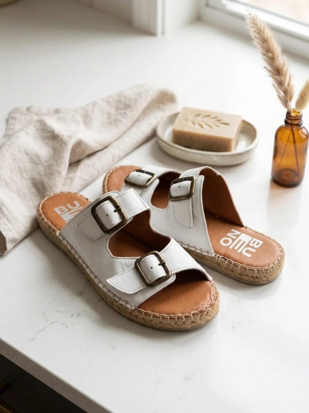 Bueno White Leather Double Buckle Espadrille Slide Sandals